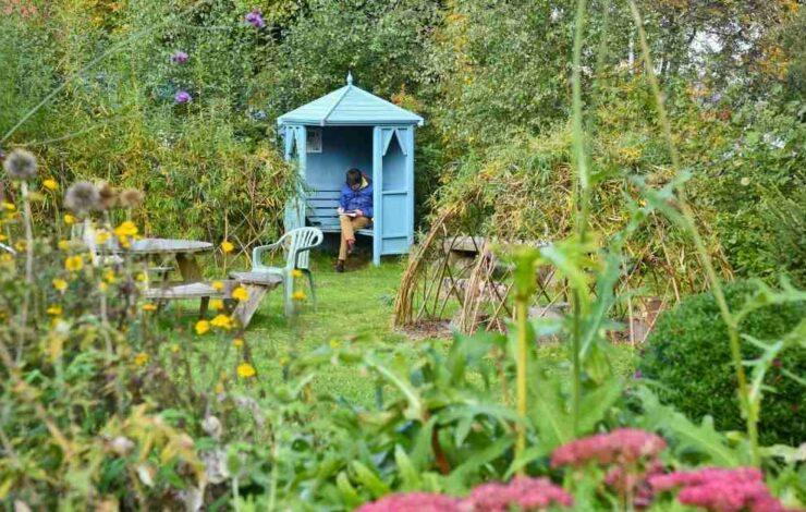 Photo of boy reading in a small garden hut
