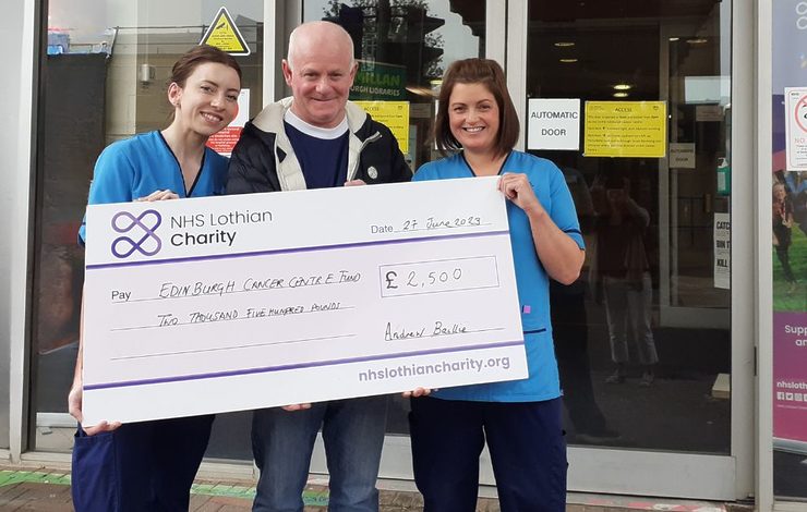 Andrew presents a cheque to NHS Lothian staff at Edinburgh Cancer Centre
