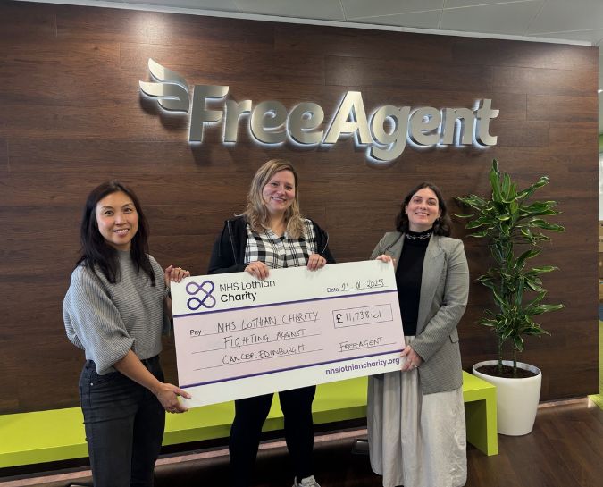 Representatives from FreeAgent handing over a cheque to NHS Lothian Charity for their FACE fund